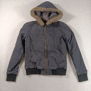 Fox Racing Jacket Womens Medium Gray Canvas Full Zip Faux Fur Hood Bomber
